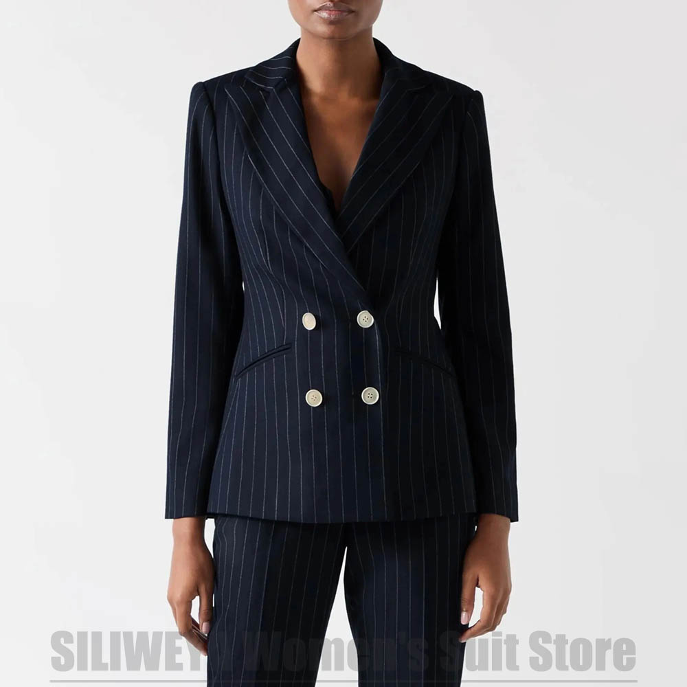 Women's Navy Blue Striped Suit - Women Formal Wear For Meeting ulasan dan harga